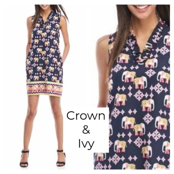 Crown & Ivy Dress 12P 12 P Pink Blue Green Elephants Stretch Sleeveless - Picture 1 of 12